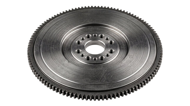 Heavy duty steel automotive flywheel for internal combustion engine manual transmission clutch assembly featuring precise gear teeth and mounting bolt holes