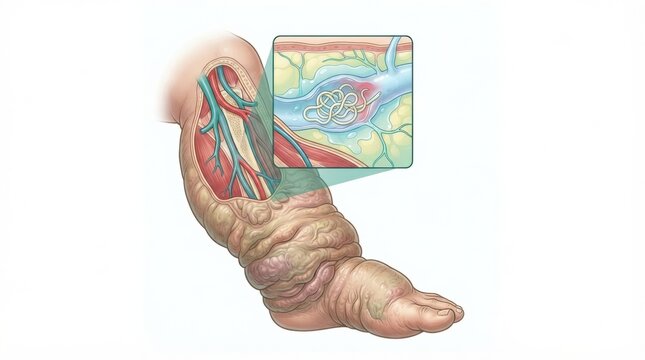 This drawing displays the lymphatic system, lymph nodes, and vessels in the leg, highlighting issues caused by filariasis and lymphedema.