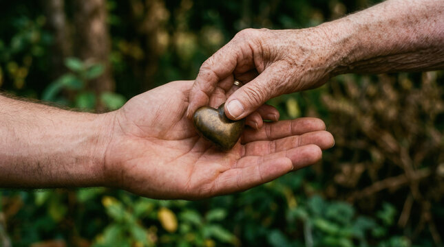 Two hands exchanging a heart symbol in a serene natural setting representing love and compassion