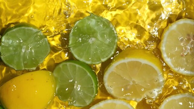 Fresh lime halves fall into lemon lime water, splash slow motion