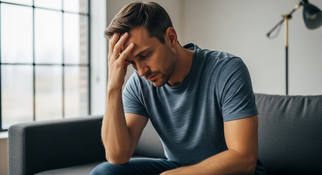 Man with hand on forehead, looking down, conveying worry or stress, representative of mental state, anxiety, or deep thought, indoors.
