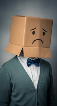 Cardboard box with sad face on head, representing depression, isolation, or mental health struggles, conveying a serious and somber concept