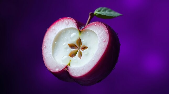 Fresh halved red apple with water drops, leaves, and stem on purple background.