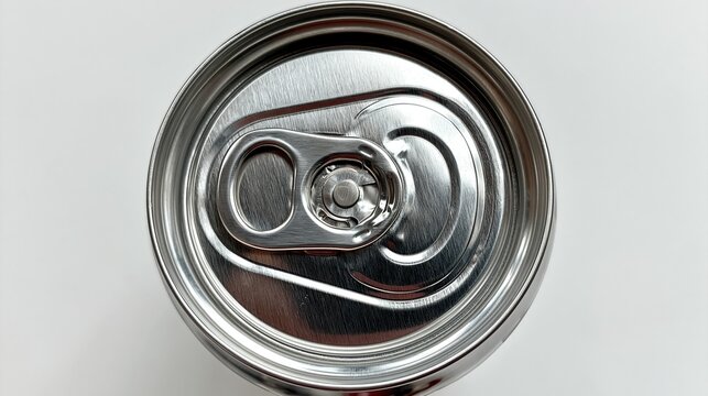 Close-up overhead view of a silver aluminum beverage can lid with pull tab