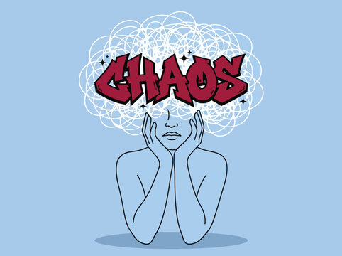 Woman experiencing mental chaos and stress with a cloud of chaotic thoughts above her head.