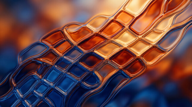 Iridescent liquid surface with rippling texture in warm amber and cool blue tones, representing fluidity and abstract beauty