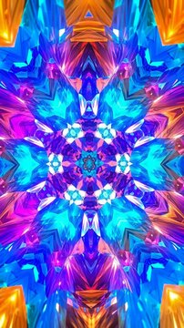 Vivid kaleidoscopic pattern morphs through mirrored radial forms, with glowing cyan, magenta, blue, purple and orange facets surrounding a centered floral rosette in vertical symmetry