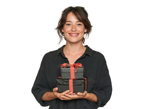 Smiling woman in black shirt holding two black gift boxes with red ribbons isolated on transparent or white background, png