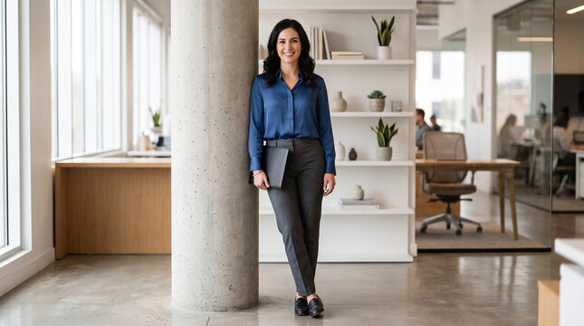 Professional woman in blue shirt and grey pants, holding a portfolio, in a modern office with large windows and shelving, symbolizing career and success