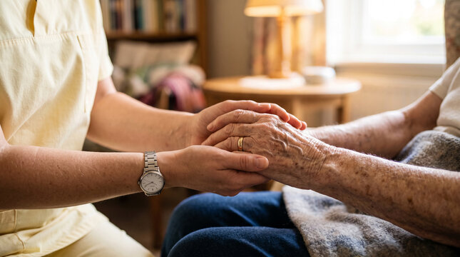 A caregiver holds an elderly person's hand, symbolizing care, support, and connection, perfect for health or comfort concepts