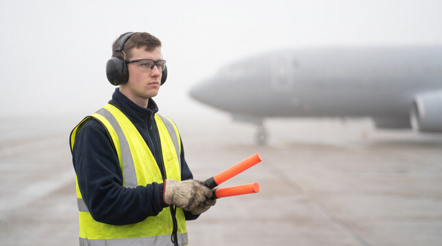 Airport ground crew worker wearing ear defenders, high-visibility vest, and safety glasses holding glowing signal batons near an airplane. Aviation safety.