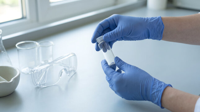 Close up of researcher hands wearing blue nitrile gloves holding a glass test tube vial in a sterile laboratory setting. Medical research safety.