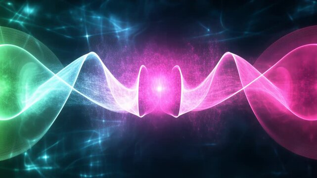 Colorful glowing sine wave moving and pulsing on a dark background with flowing particles