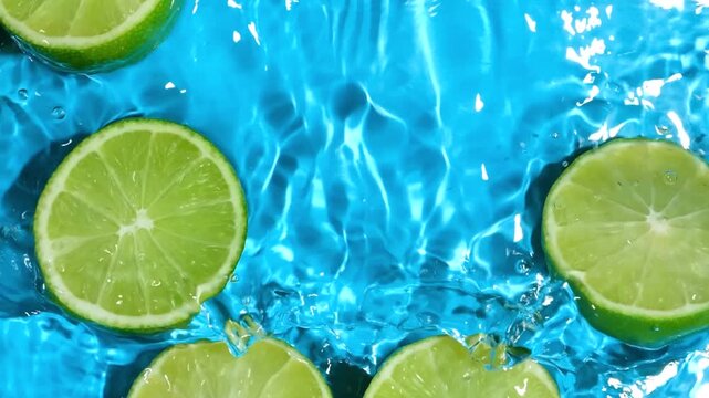 Top view slow motion of green lime halves with water copy space