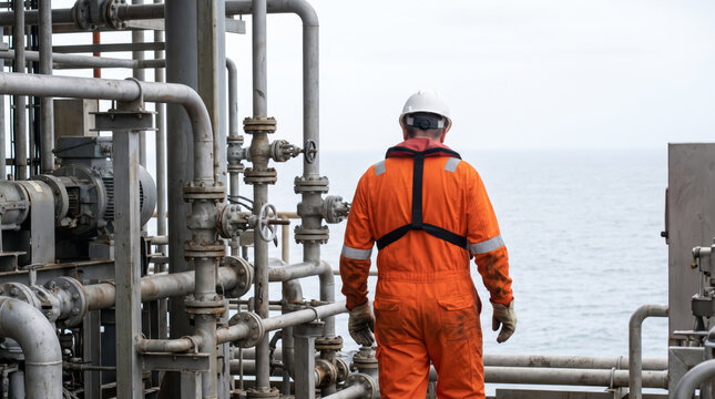 Offshore oil rig worker wearing a safety helmet and protective orange jumpsuit standing near industrial refinery pipeline valves. Oil and gas safety.