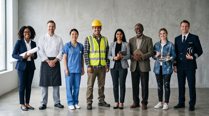 Fototapeta premium Diverse group of professionals standing together, representing various careers and industries, symbolizing unity and collective effort in society.