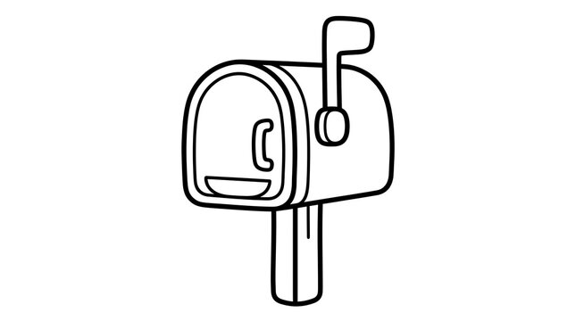 A simple black and white line art drawing of a traditional american style mailbox standing on a wooden post
