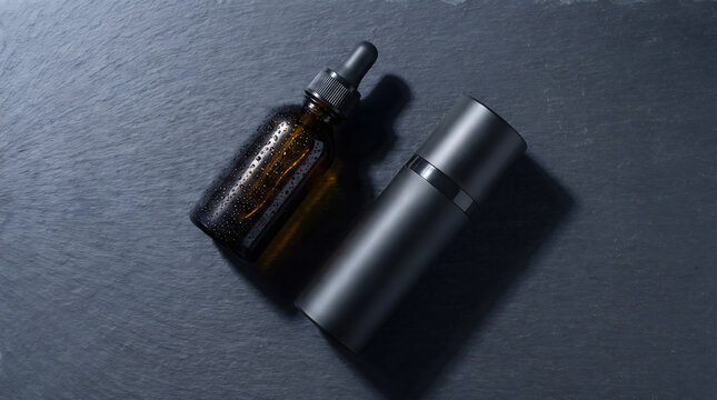 Dark Amber Glass Dropper Bottle and Black Matte Canister on Slate Stone Surface with Water Droplets