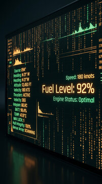 Digital display showing flight data with graphs and code, representing advanced technology and information analysis, ideal for tech or aviation themes.
