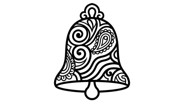 A black and white line art illustration of a decorative bell featuring intricate swirling paisley patterns for coloring pages