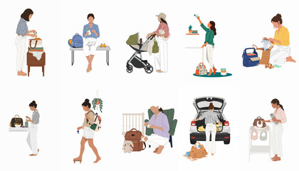 Fototapeta premium Collection of minimalist flat vector illustrations depicting women in various motherhood activities like packing bags, using strollers, and preparing for travel with babies.