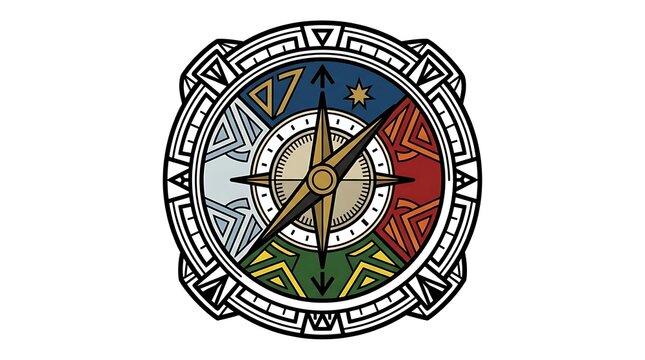 A detailed circular emblem featuring a central compass rose surrounded by four distinct colorful sections representing the natural elements