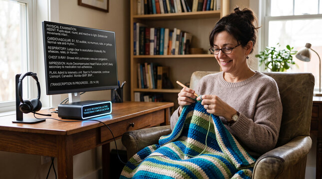 Woman crocheting a blanket while medical transcription transcribes complex dictation, symbolizing multitasking and technology in home life.