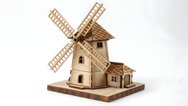 Wooden miniature windmill model stands assembled on a plain white surface.