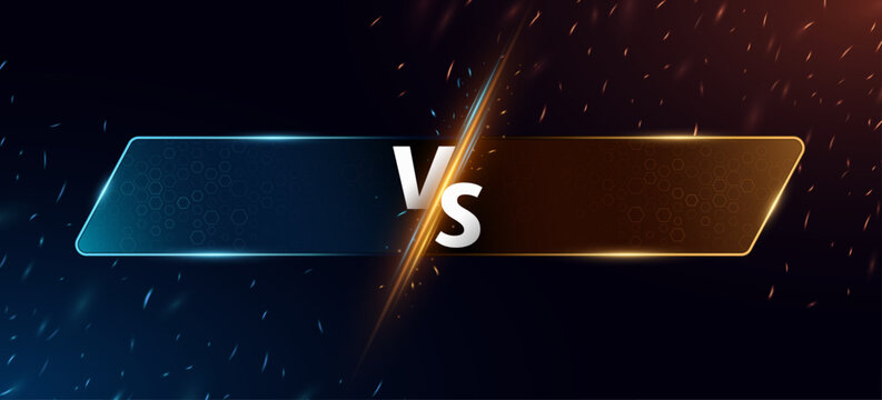 Futuristic versus battle banner featuring two opposing glowing blue and orange panels separated by a dramatic light beam with a bold VS symbol. Design for competitors or gaming teams. Vector.