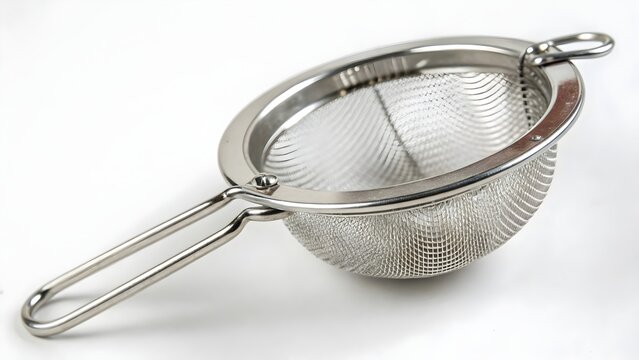 Stainless steel mesh kitchen strainer rests on a clean white surface.
