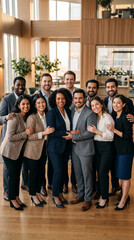 Fototapeta premium Diverse business team in formal attire, posing together with smiles, symbolizing collaboration and success in a modern office setting
