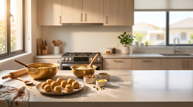 Messy Indian kitchen during Diwali preparation with homemade sweets and festive ingredients.