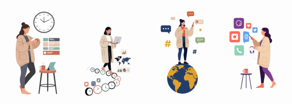 Four flat design illustrations of a woman managing time, working remotely, using social media, and interacting with digital apps for global connectivity and communication.
