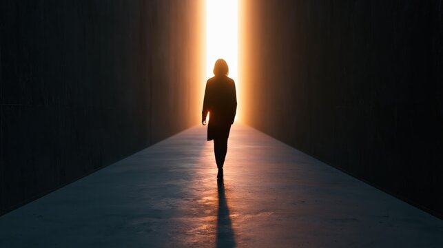 The silhouette of a person walking toward a glowing doorway