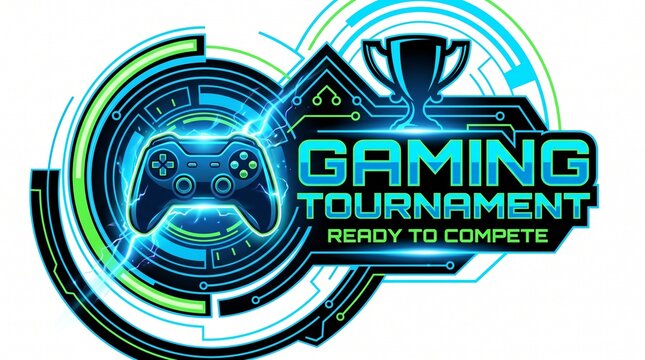 Gaming tournament logo features a glowing controller and trophy.