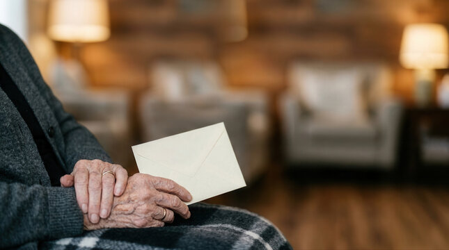 Senior individual grasping an envelope in a warm living room atmosphere contemplating life experiences and cherished memories