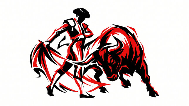 Dynamic red and black illustration of a Spanish matador fighting an aggressive bull.
