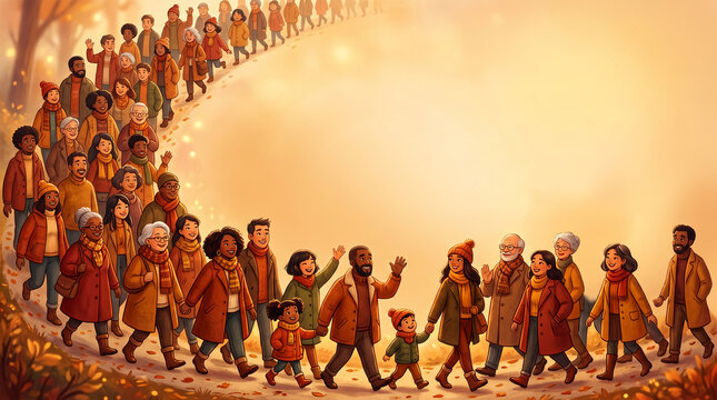 Illustration of diverse people walking together in autumn, symbolizing community and journey, with ample free space for text