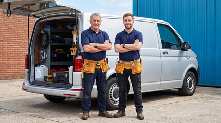 Obraz premium Two male tradespeople stand confidently next to a fully equipped service van, representing professionalism and reliable service delivery