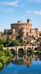 Obraz premium A medieval castle stands atop a hill overlooking a river with a stone bridge, representing history, architecture, and travel