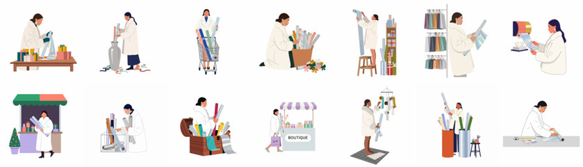 Obraz premium A comprehensive set of illustrations depicting women in various retail and small business roles, including packing, organizing inventory, and selling goods.