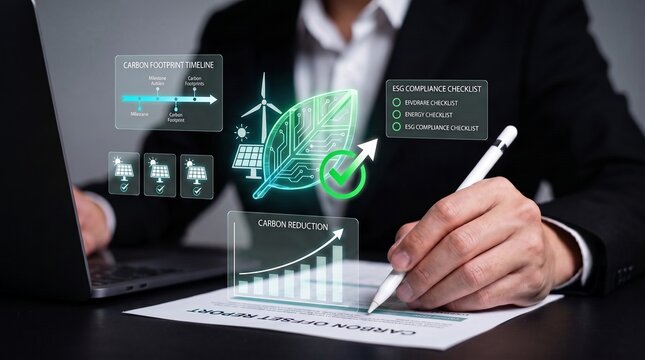 corporate esg compliance analysis. automated carbon footprint tracking solution. sustainable energy transition strategy. business executive signing green offset report with stylus pen.