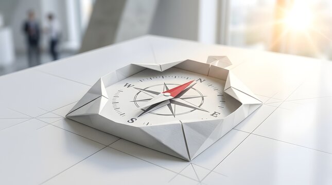 Conceptual 3D illustration of an origami paper compass on a white table with blueprint lines, its red needle pointing toward a bright light source, symbolizing business vision and future guidance.