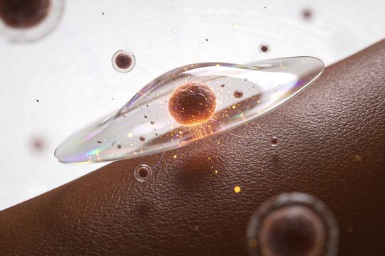 A translucent protective barrier floats above deep brown melanin rich skin illustrating a futuristic cosmetic science concept