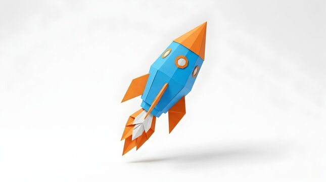 Creative low poly origami paper rocket launching, representing startup business success, innovation, and technological growth isolated on a clean white background.