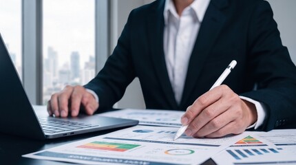 financial analysis and business reporting concept showing professional reviewing performance...