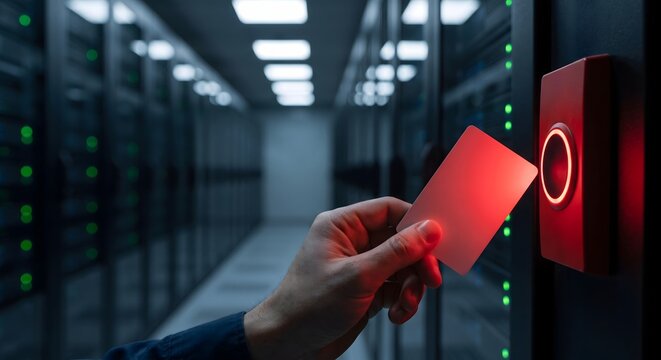 Hand scanning key card at red reader in high security server room.