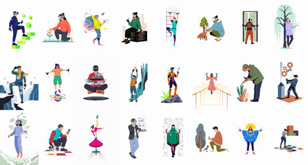 Fototapeta premium Large collection of diverse vector character illustrations depicting people engaged in various modern hobbies, professional activities, and technology-driven experiences.