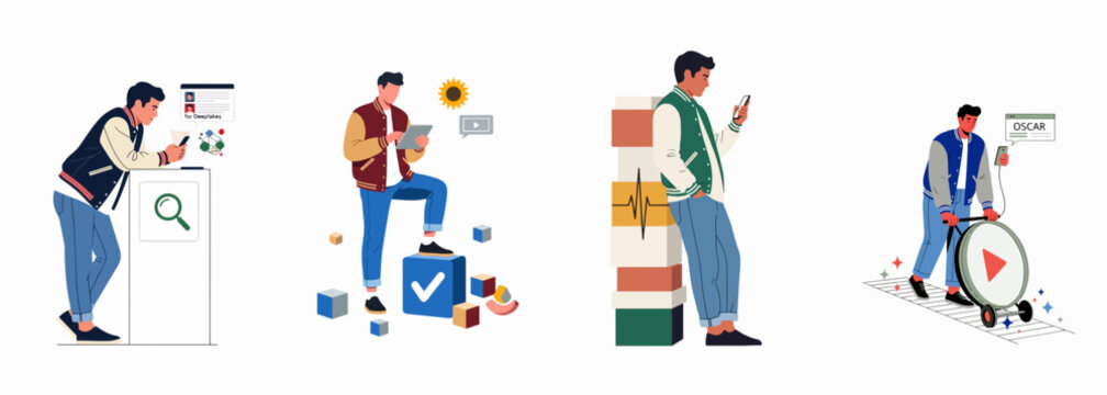 Flat vector illustrations of a young man interacting with digital technology, social media, and online content on a white background.
