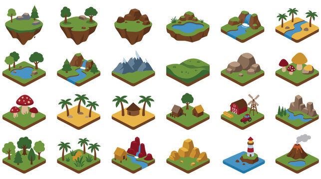 Isometric landscape tiles set with natural elements for game level design kit.